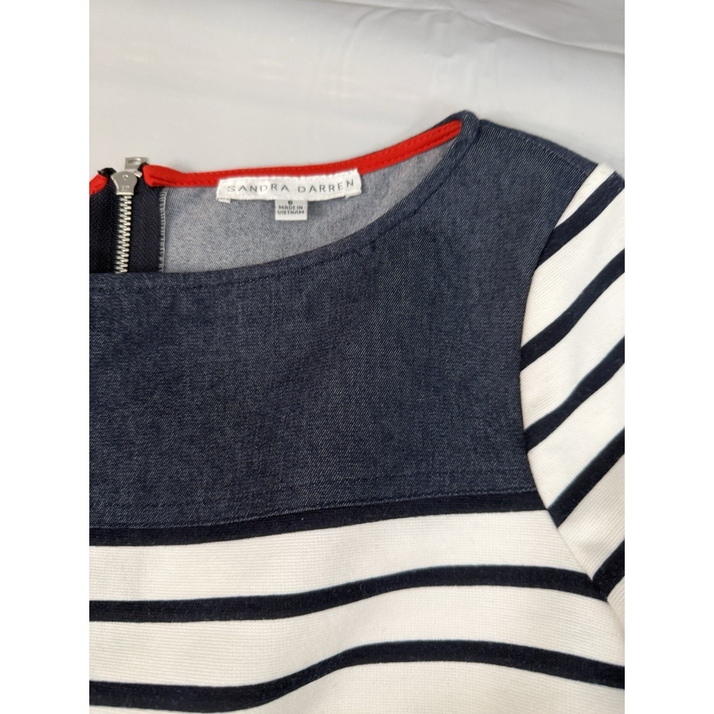 Sandra Darren Womens Size 6 White & Navy 3/4 Sleeve Striped Shift Dress - Picture 7 of 9